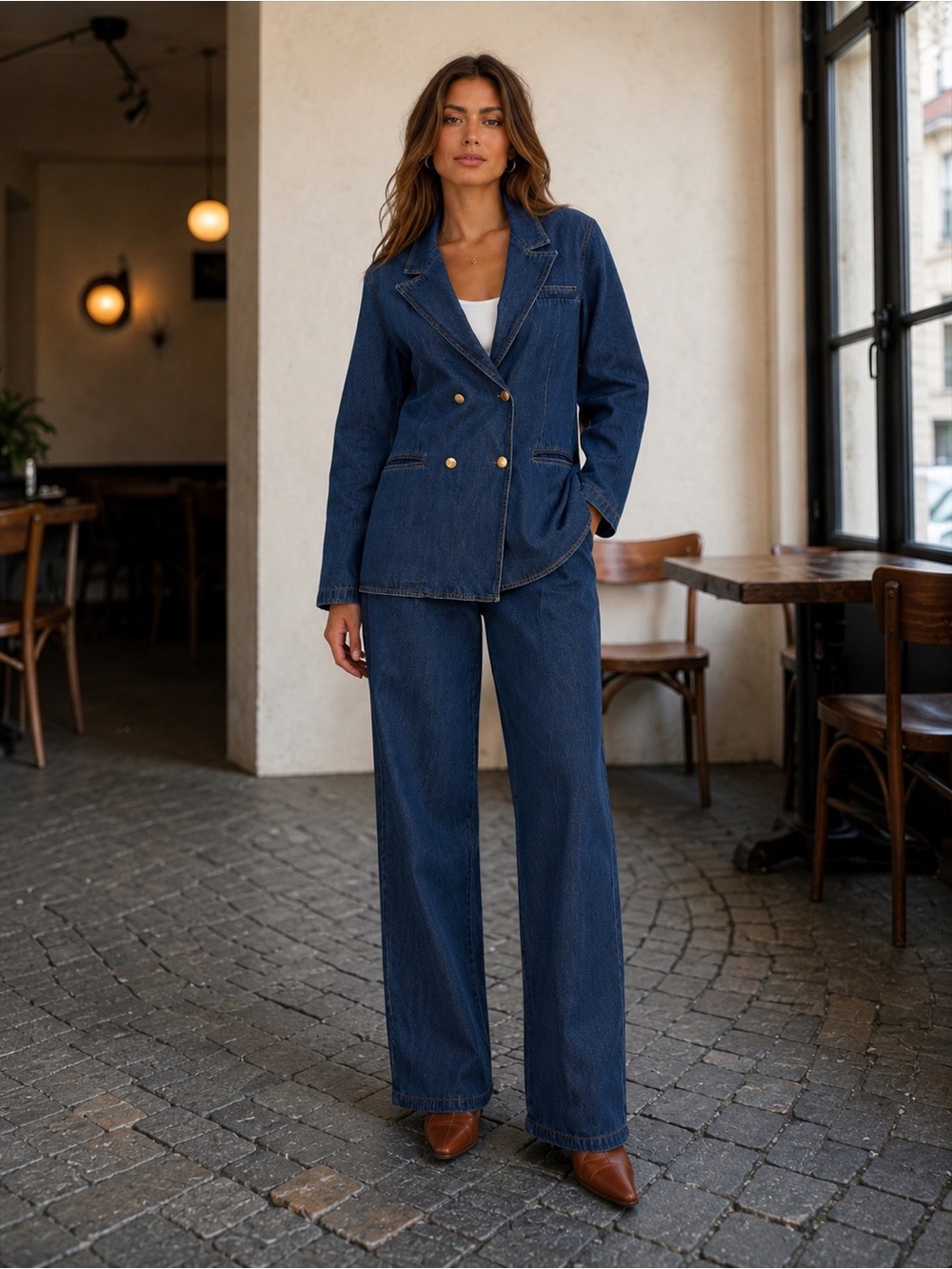 Forenza Denim Vintage 2 Piece Jean Pantsuit Size 14 Double Breasted Jacket Pants
